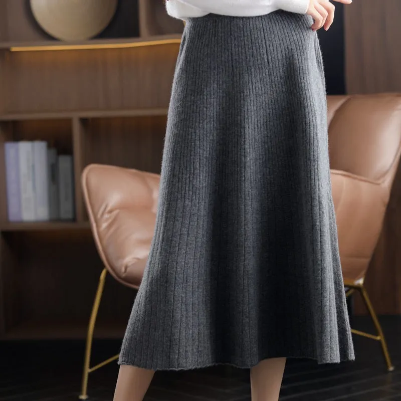 New High-Waist 100% Pure Wool Pleated Long Skirt Women