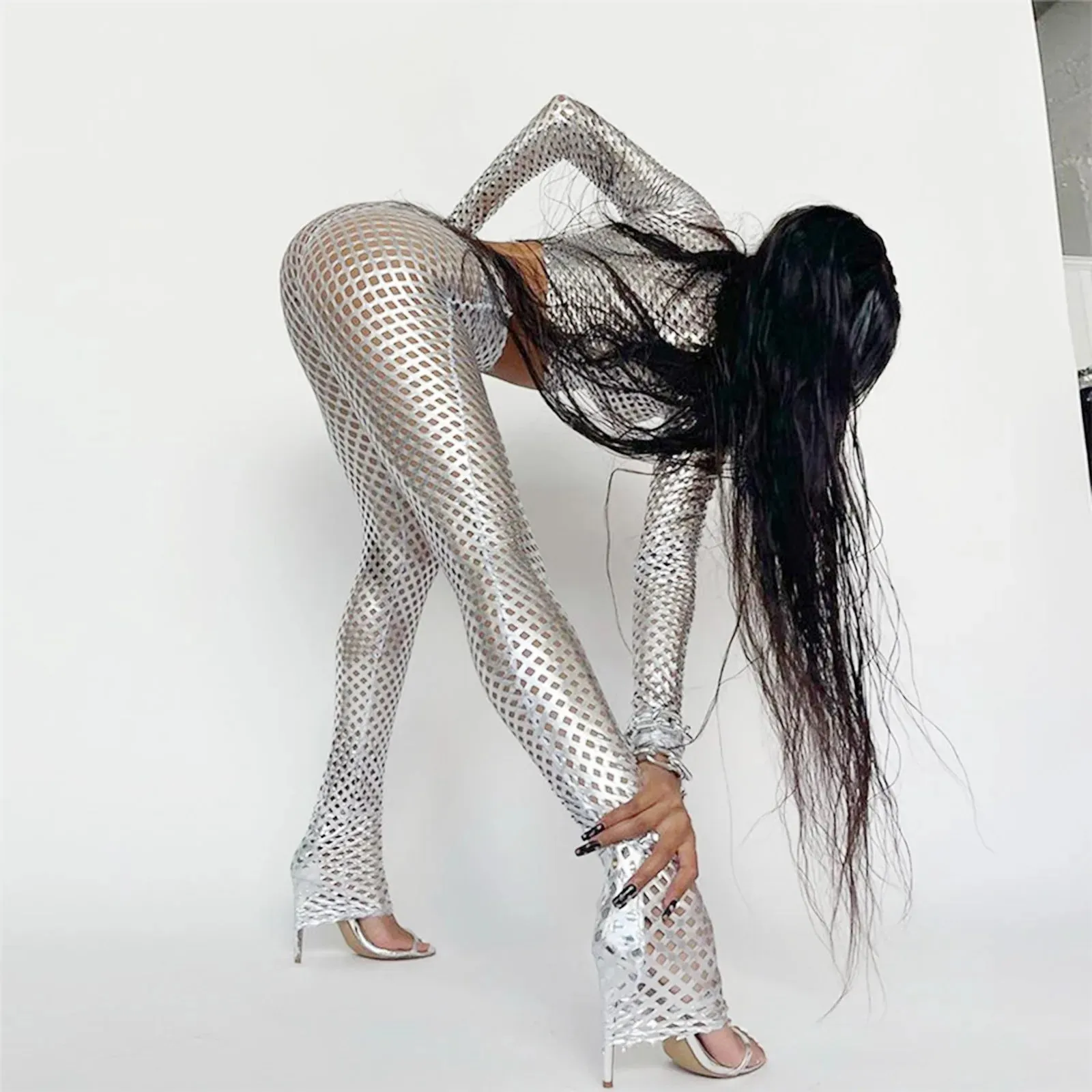 Nighclub Lady 2023 New PU Leather Fashion Silver Lace-up Dress Female 2-piece Set Bodycon Hollow Out Top and Pencil Trousers