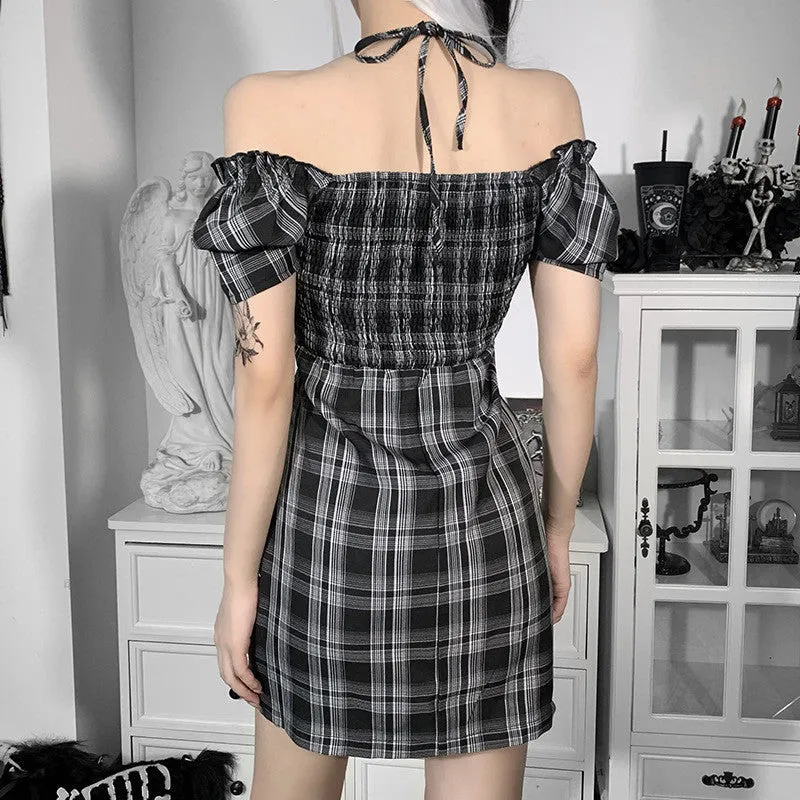 Off Shoulder Halterneck Plaid Dress ER5738