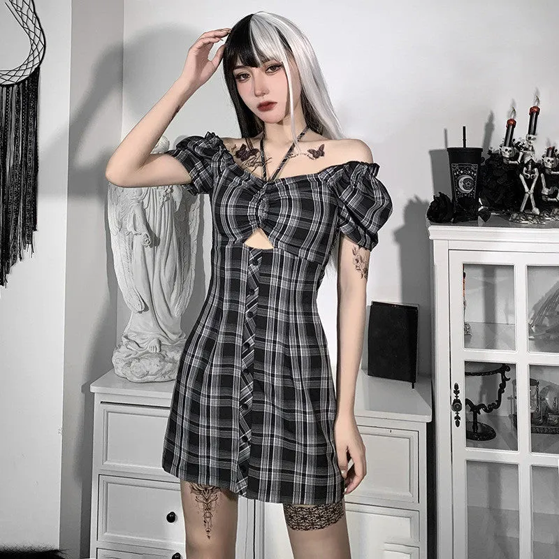 Off Shoulder Halterneck Plaid Dress ER5738