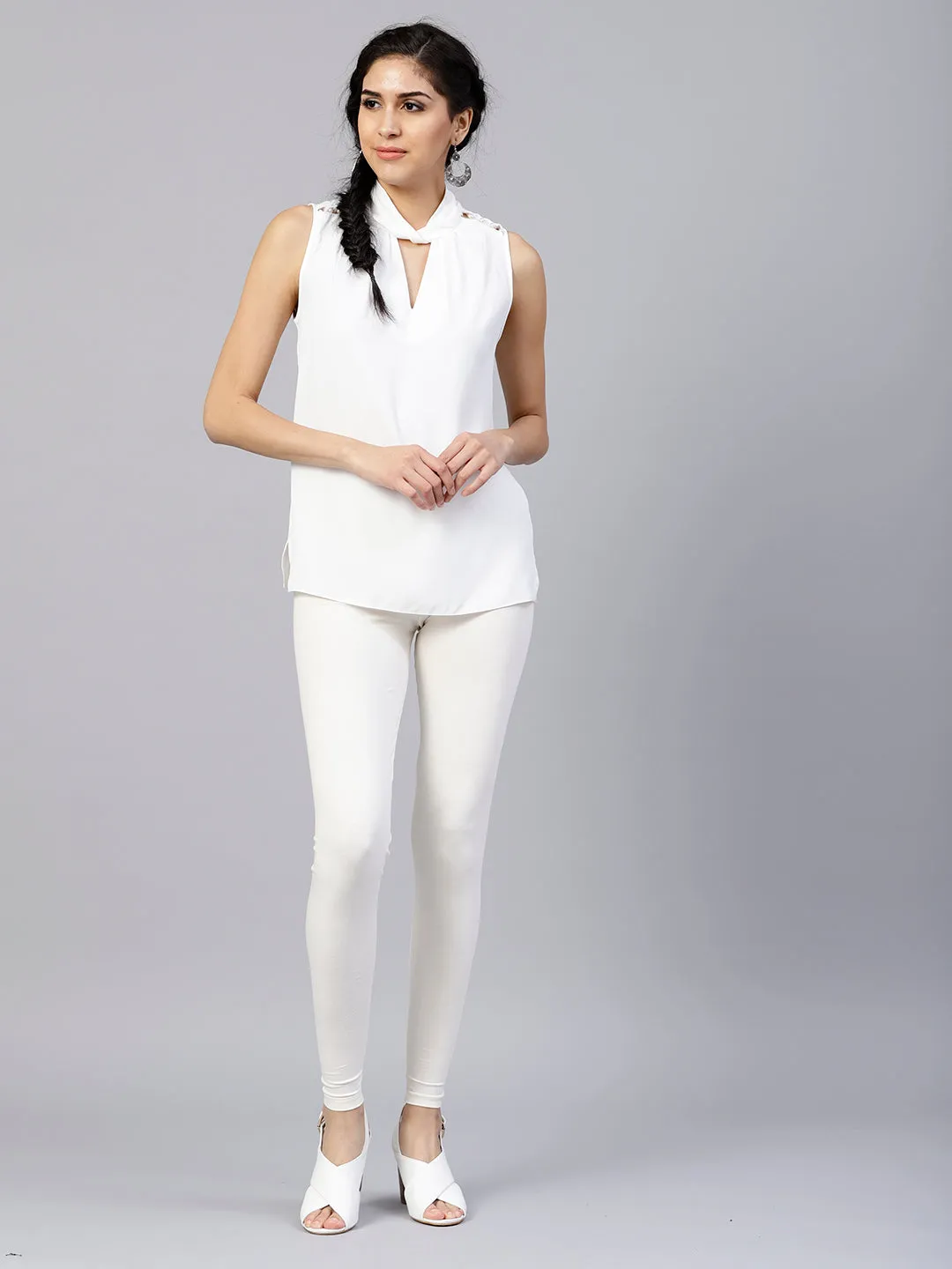 Off White Solid Cotton Lycra Leggings