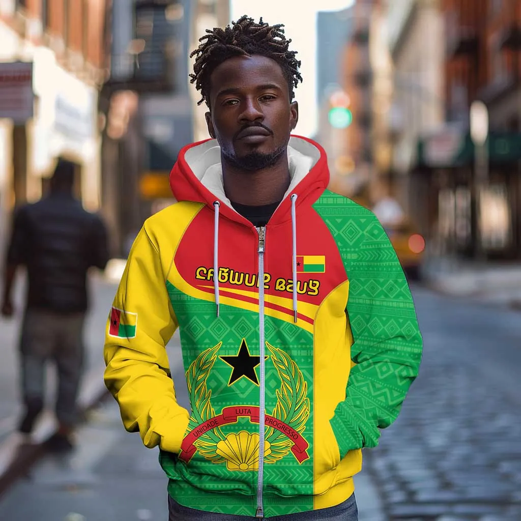 Personalised Afro Guinea Bissau Zip Hoodie Coat Of Arms Mix African Pattern LT15