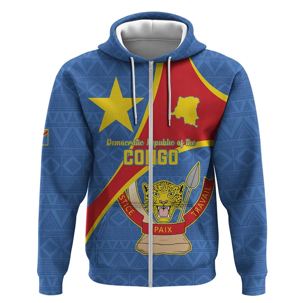 Personalised DR Congo Zip Hoodie Coat Of Arms With Map LT15