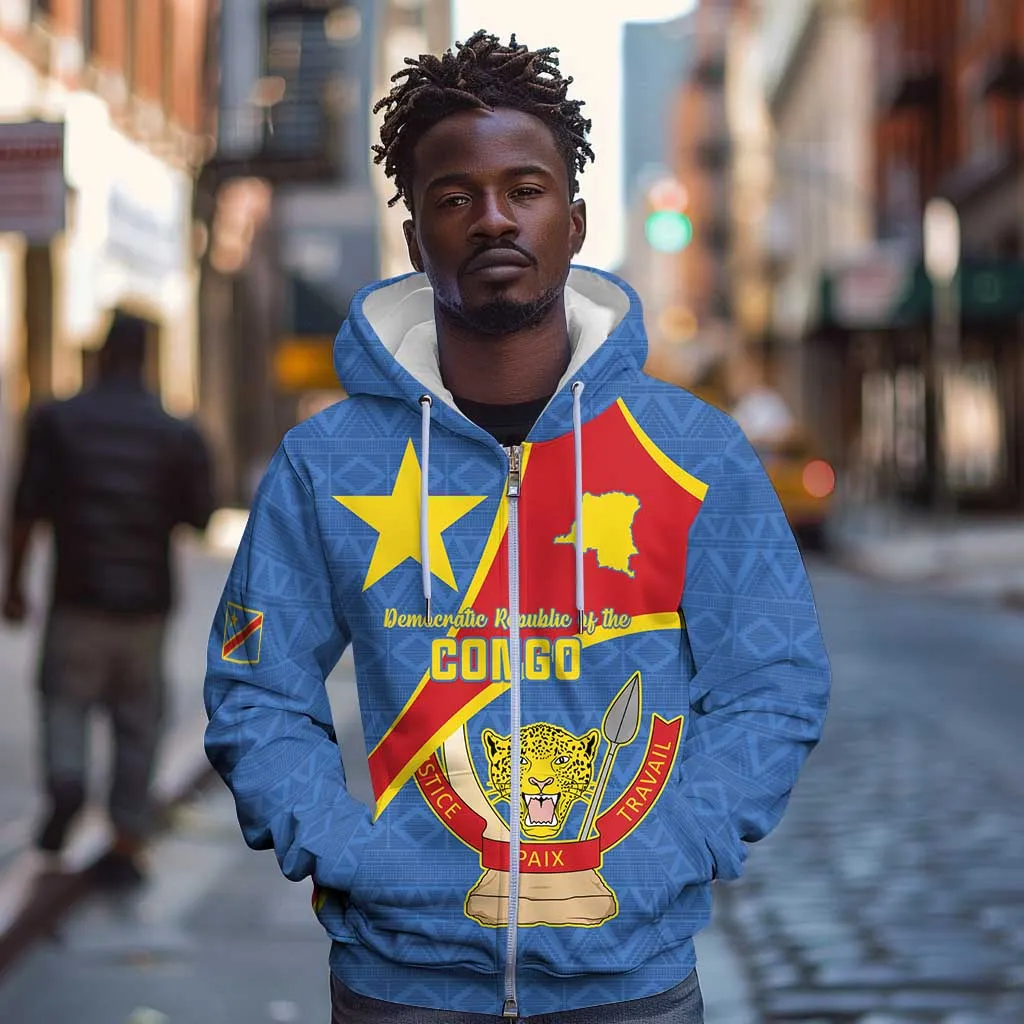 Personalised DR Congo Zip Hoodie Coat Of Arms With Map LT15