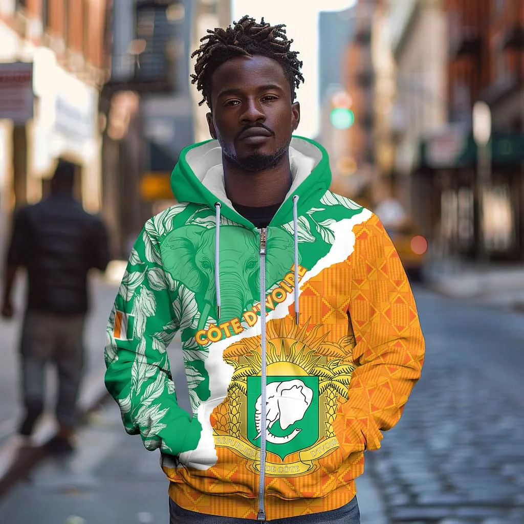 Personalized Afro Ivory Coast Zip Hoodie Coat Of Arms With Kente Pattern LT15