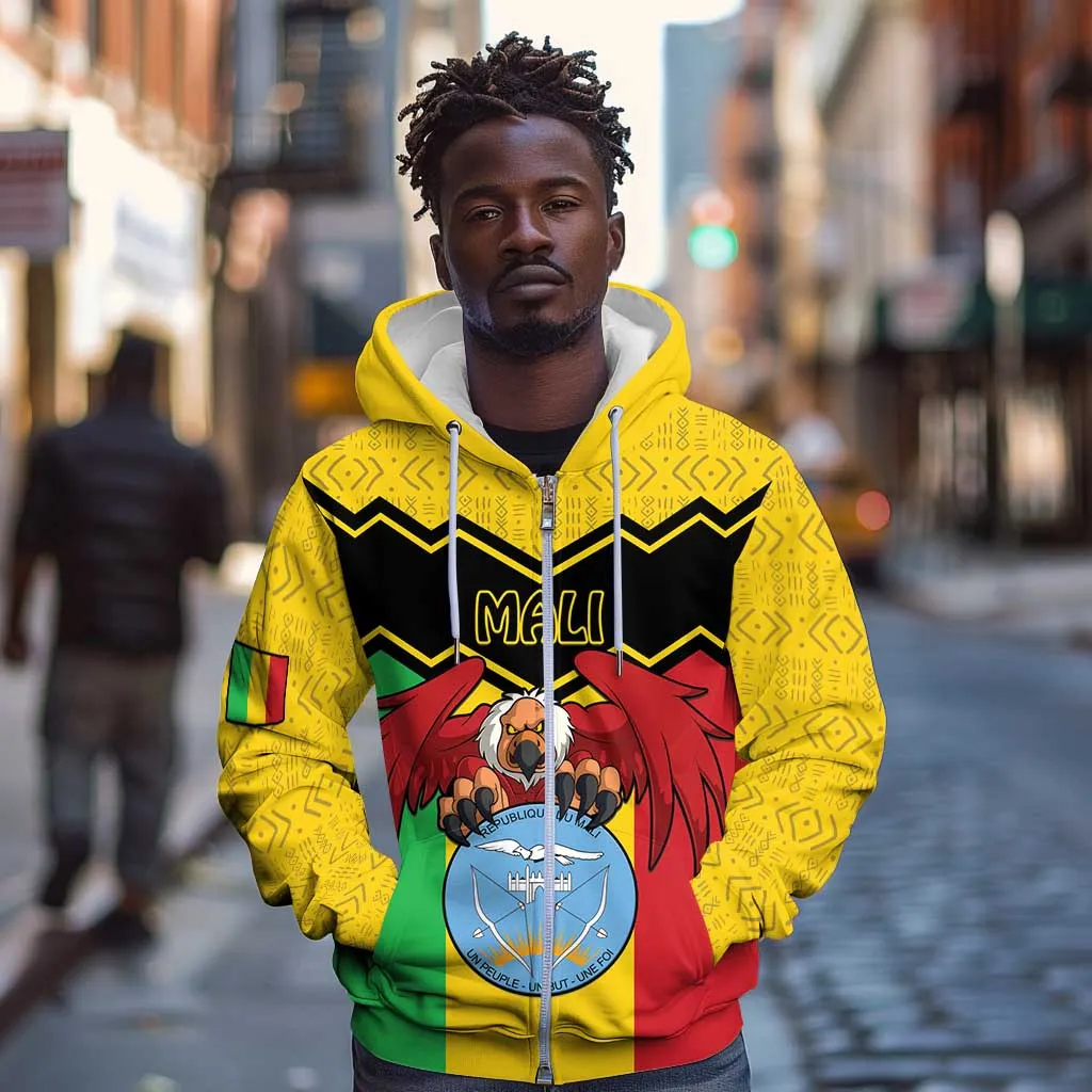 Personalized Afro Mali Vulture Zip Hoodie Coat Of Arms - Bogolan Pattern LT15