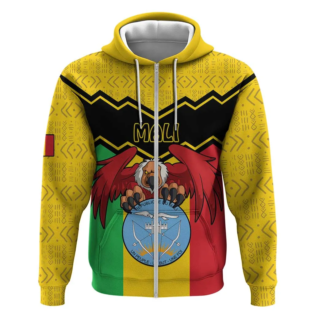 Personalized Afro Mali Vulture Zip Hoodie Coat Of Arms - Bogolan Pattern LT15