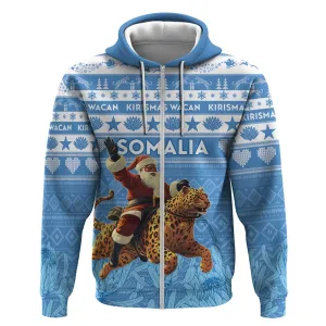 Personalized Afro Somalia Christmas Zip Hoodie Black Santa Riding Leopard - African Pattern LT15