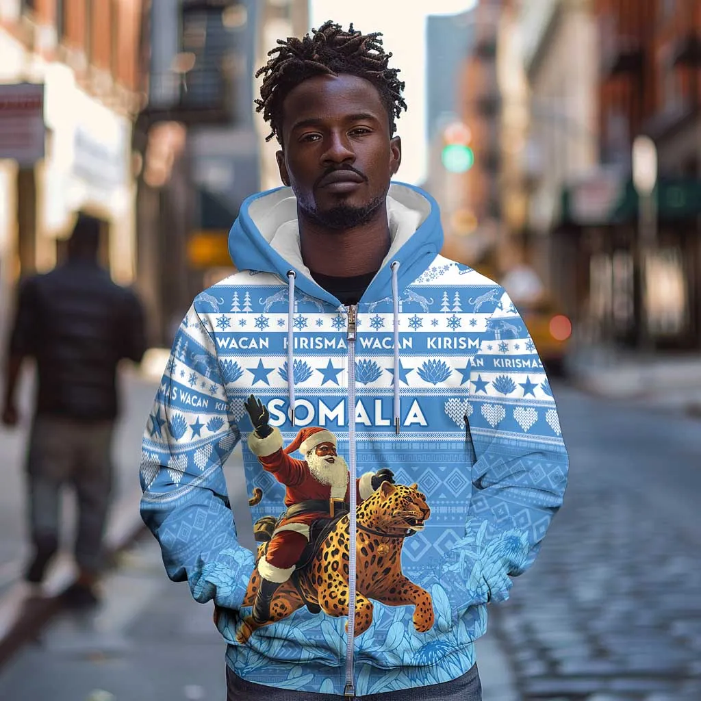 Personalized Afro Somalia Christmas Zip Hoodie Black Santa Riding Leopard - African Pattern LT15