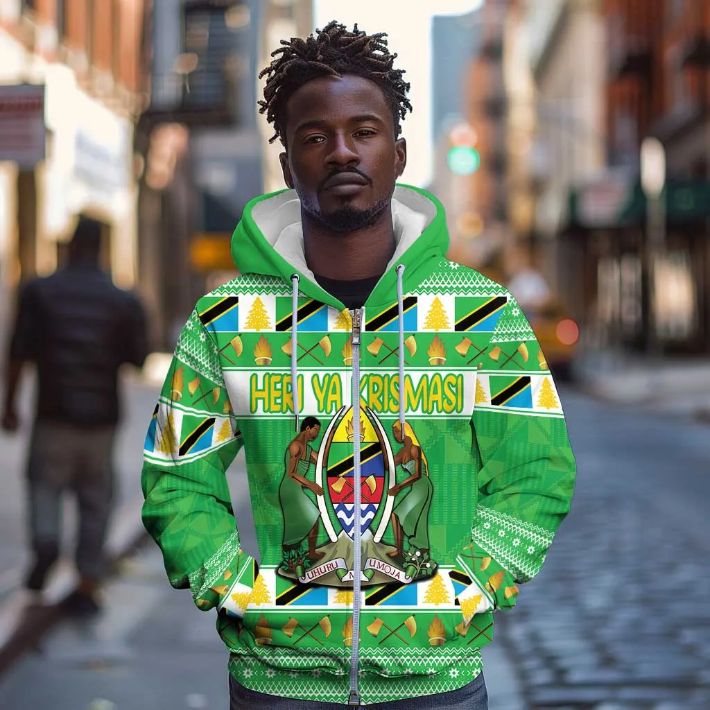 Personalized Afro Tanzania Christmas Zip Hoodie Heri ya Krismasi With Coat Of Arms LT18