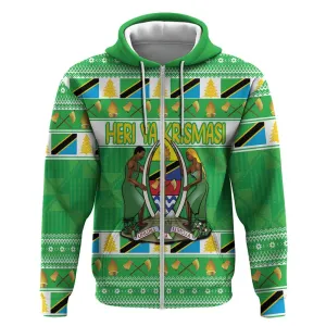 Personalized Afro Tanzania Christmas Zip Hoodie Heri ya Krismasi With Coat Of Arms LT18