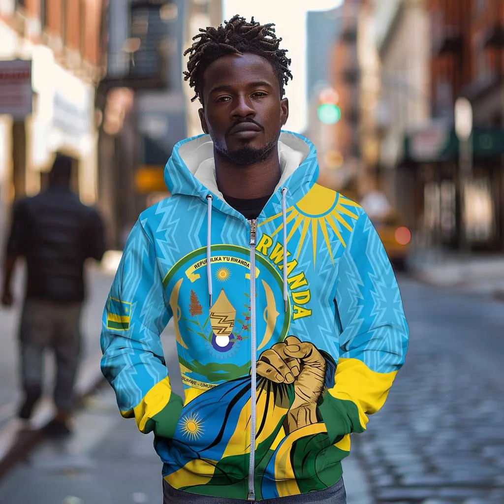 Personalized Happy Rwanda Independence Day Zip Hoodie Coat Of Arms With Map LT15