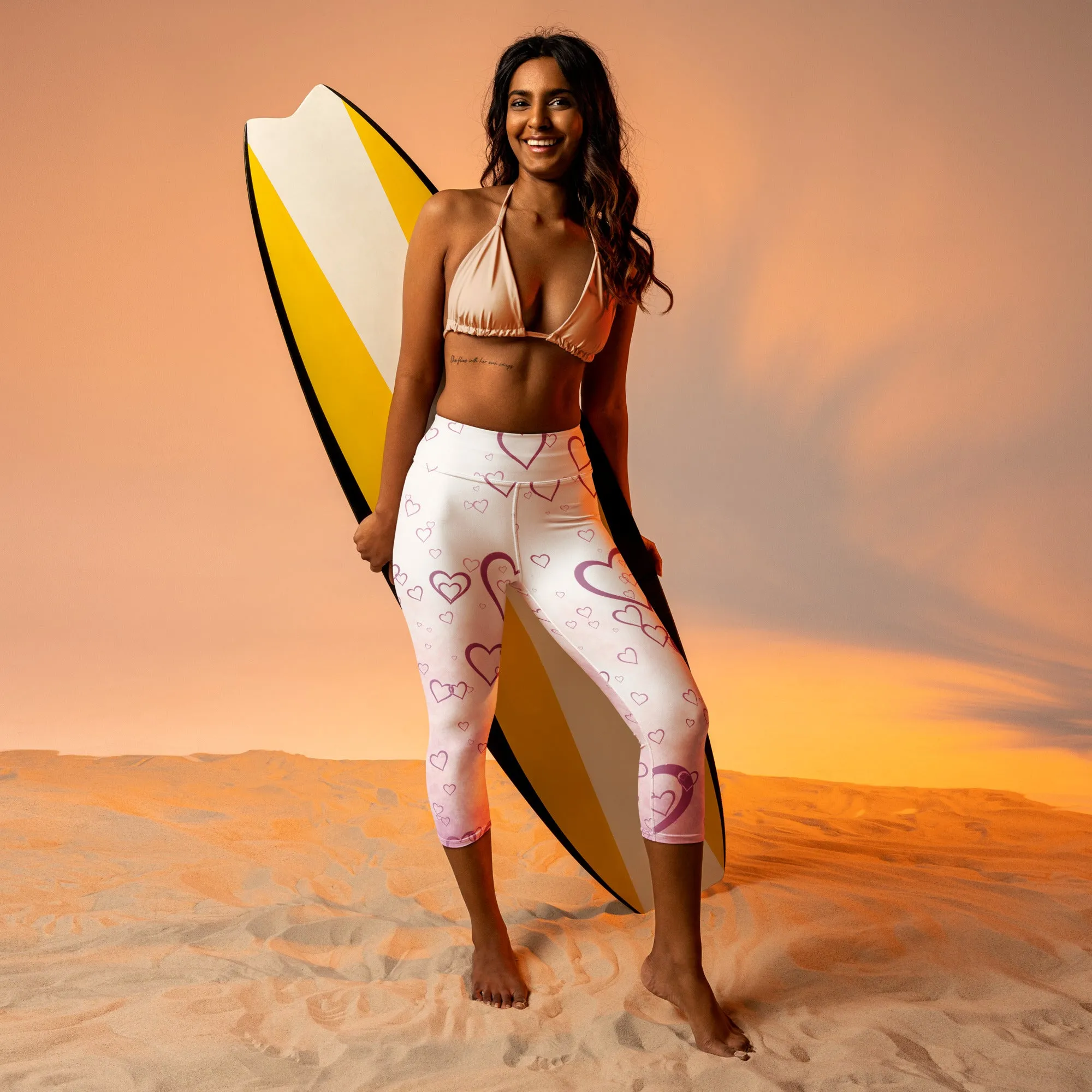 Pink Misty Hearts High-waist Yoga Capri Leggings