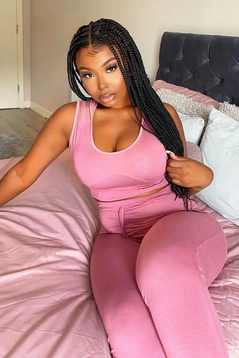Pink Short Sleeve Hooded Crop Top and Leggings Loungewear Co-ord - Betty