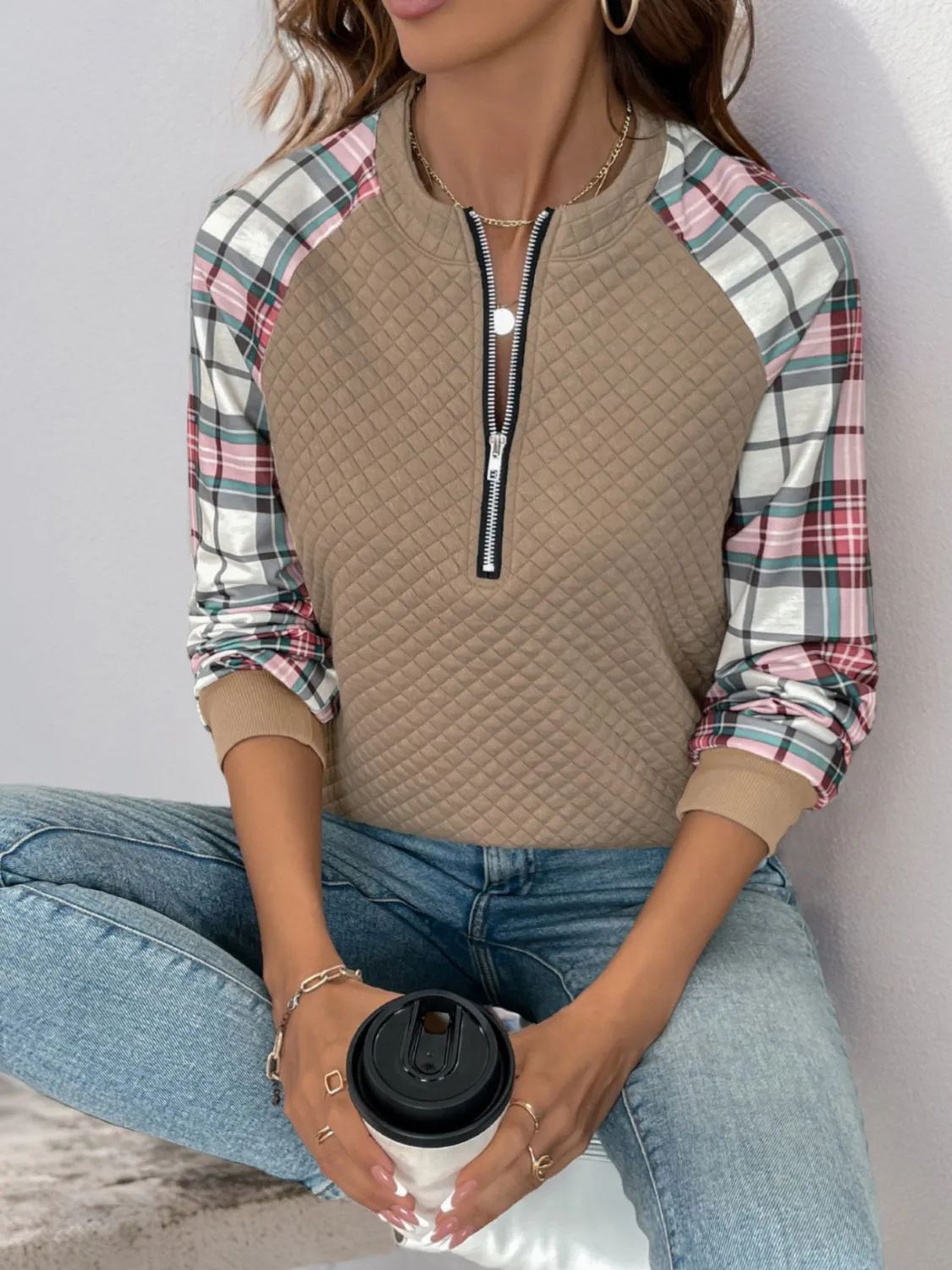 Plaid Half Zip Long Sleeve Texture Sweatshirt