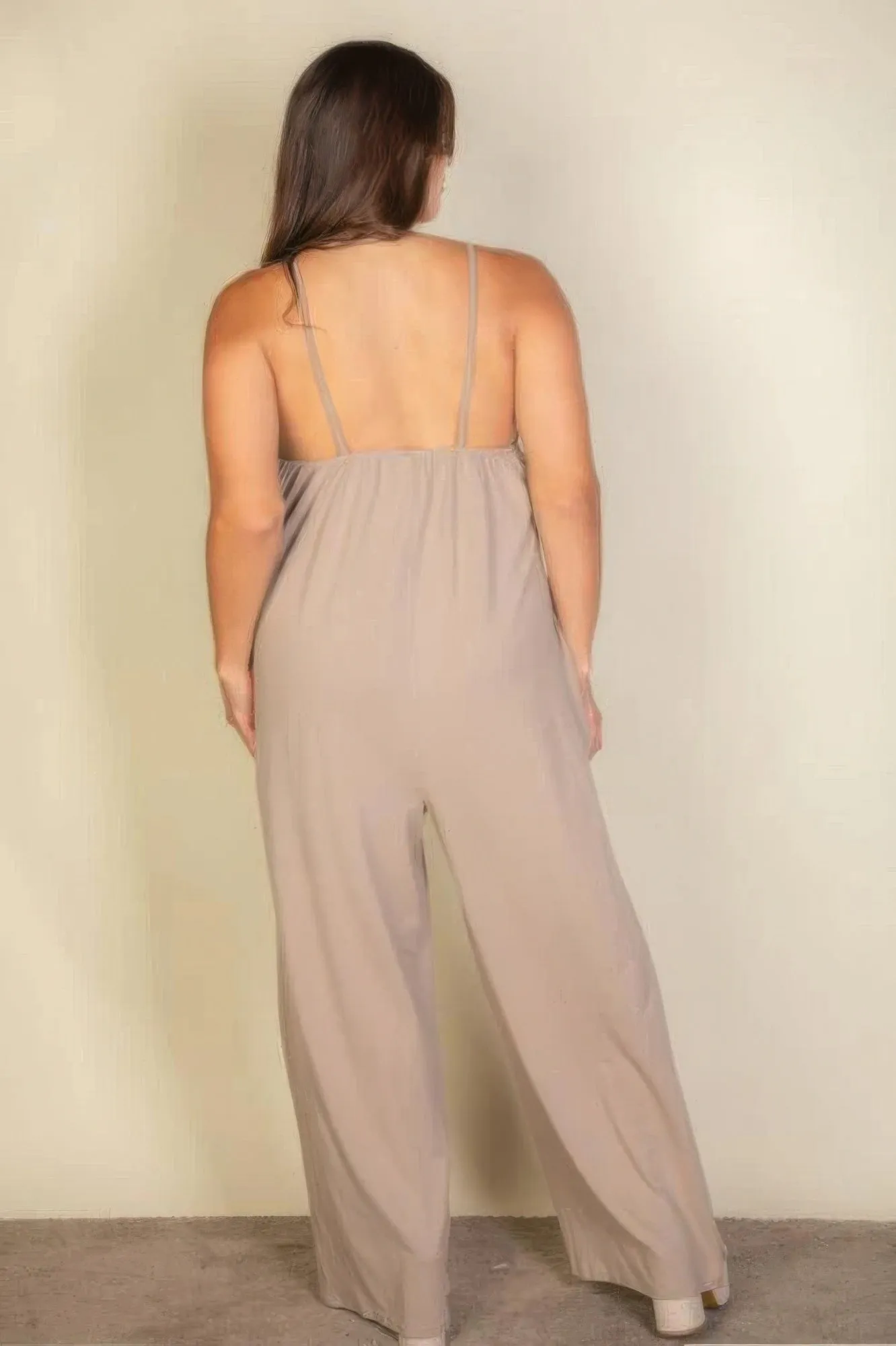 Plus Spaghetti Strap Solid Wide Jumpsuit Taupe