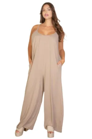 Plus Spaghetti Strap Solid Wide Jumpsuit Taupe