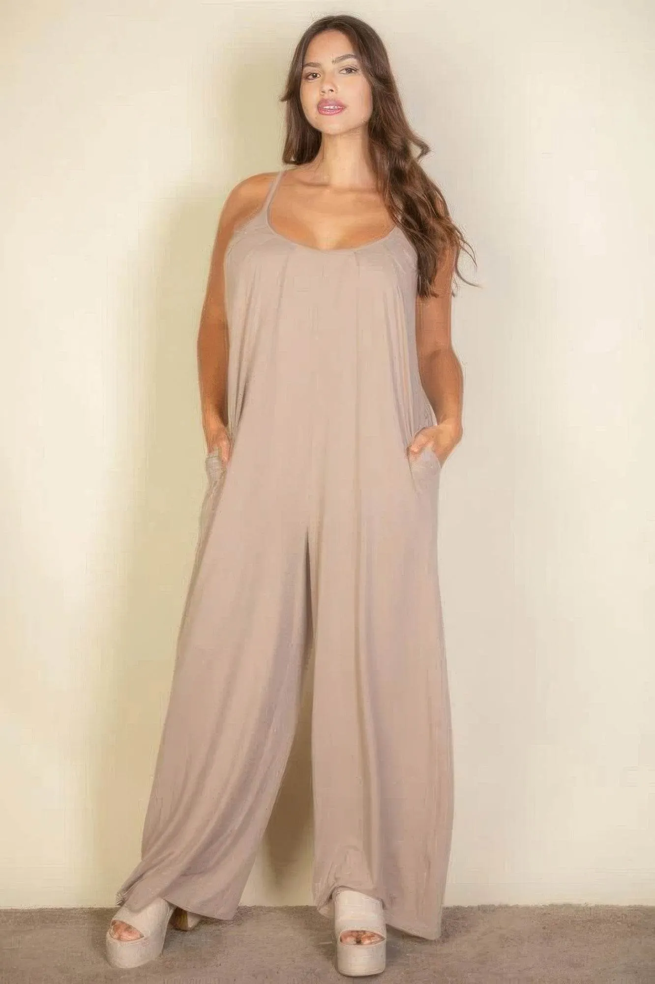 Plus spaghetti strap solid wide jumpsuit