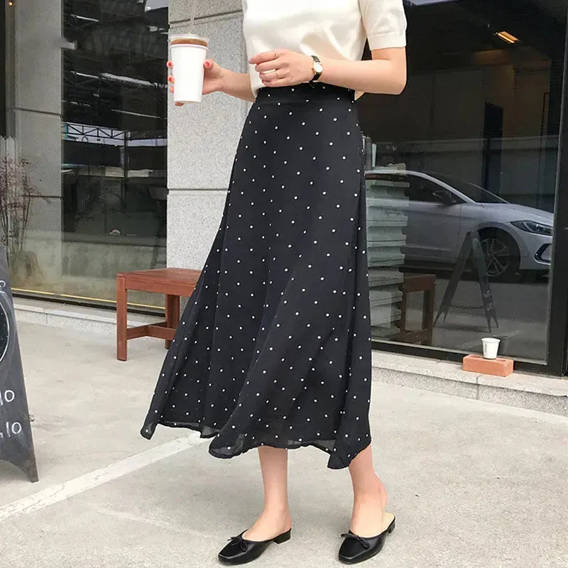 Polka dot High waist Chiffon Flowy Midi skirt women