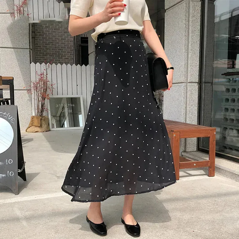 Polka dot High waist Chiffon Flowy Midi skirt women
