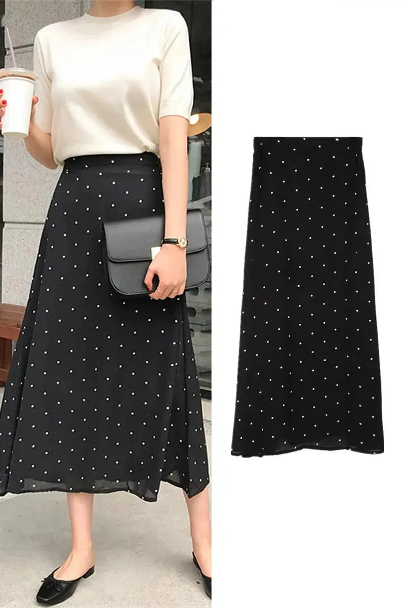 Polka dot High waist Chiffon Flowy Midi skirt women