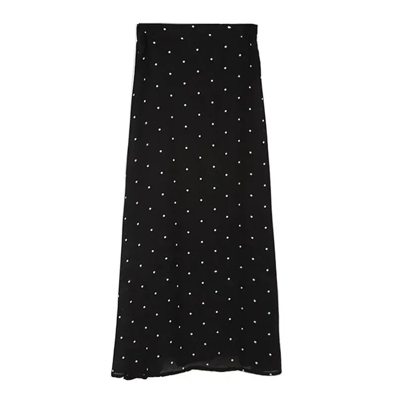 Polka dot High waist Chiffon Flowy Midi skirt women