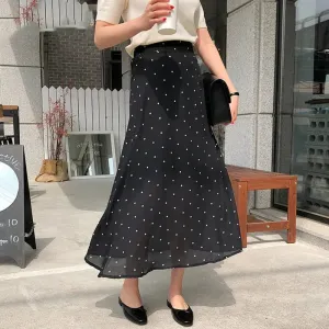 Polka dot High waist Chiffon Flowy Midi skirt women