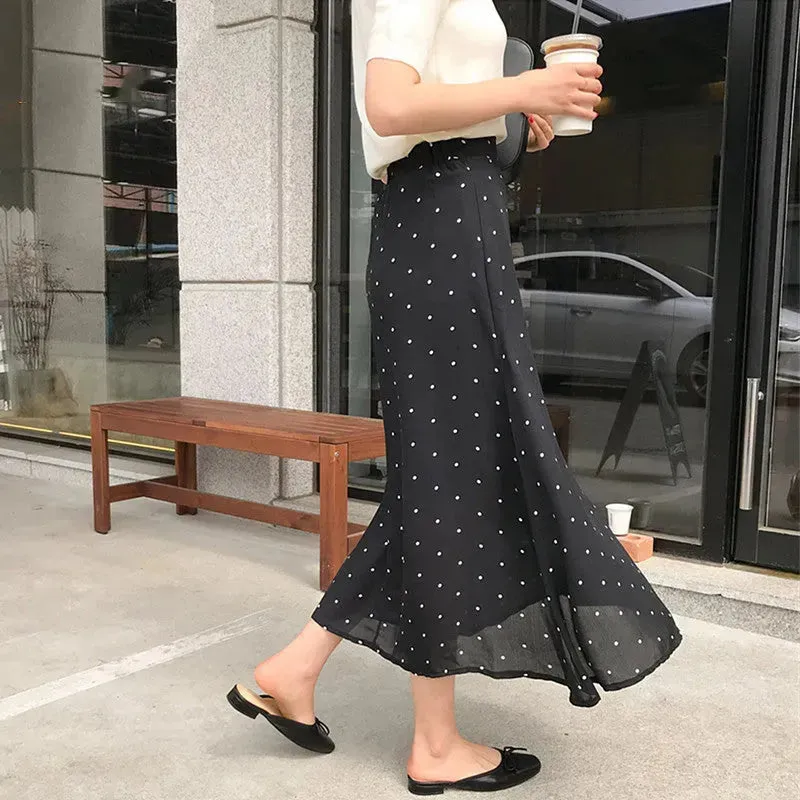 Polka dot High waist Chiffon Flowy Midi skirt women