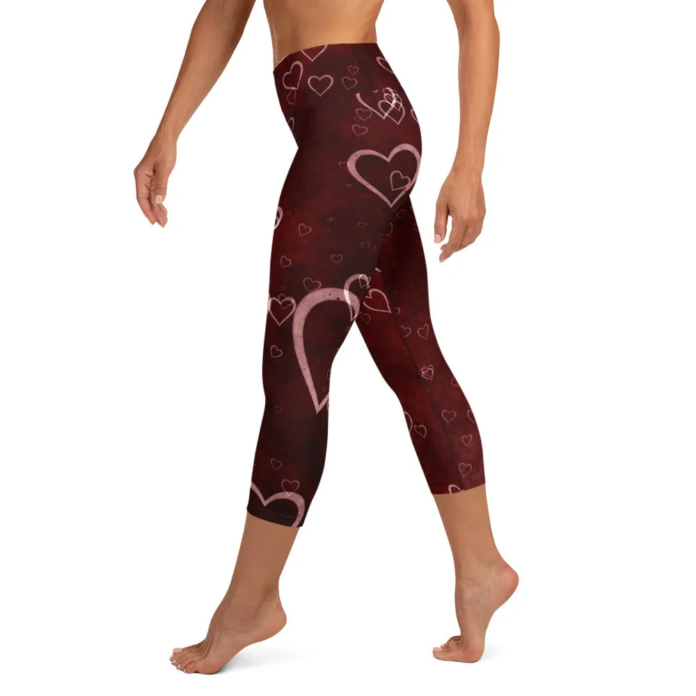 Red Misty Hearts High-waist Yoga Capri Leggings