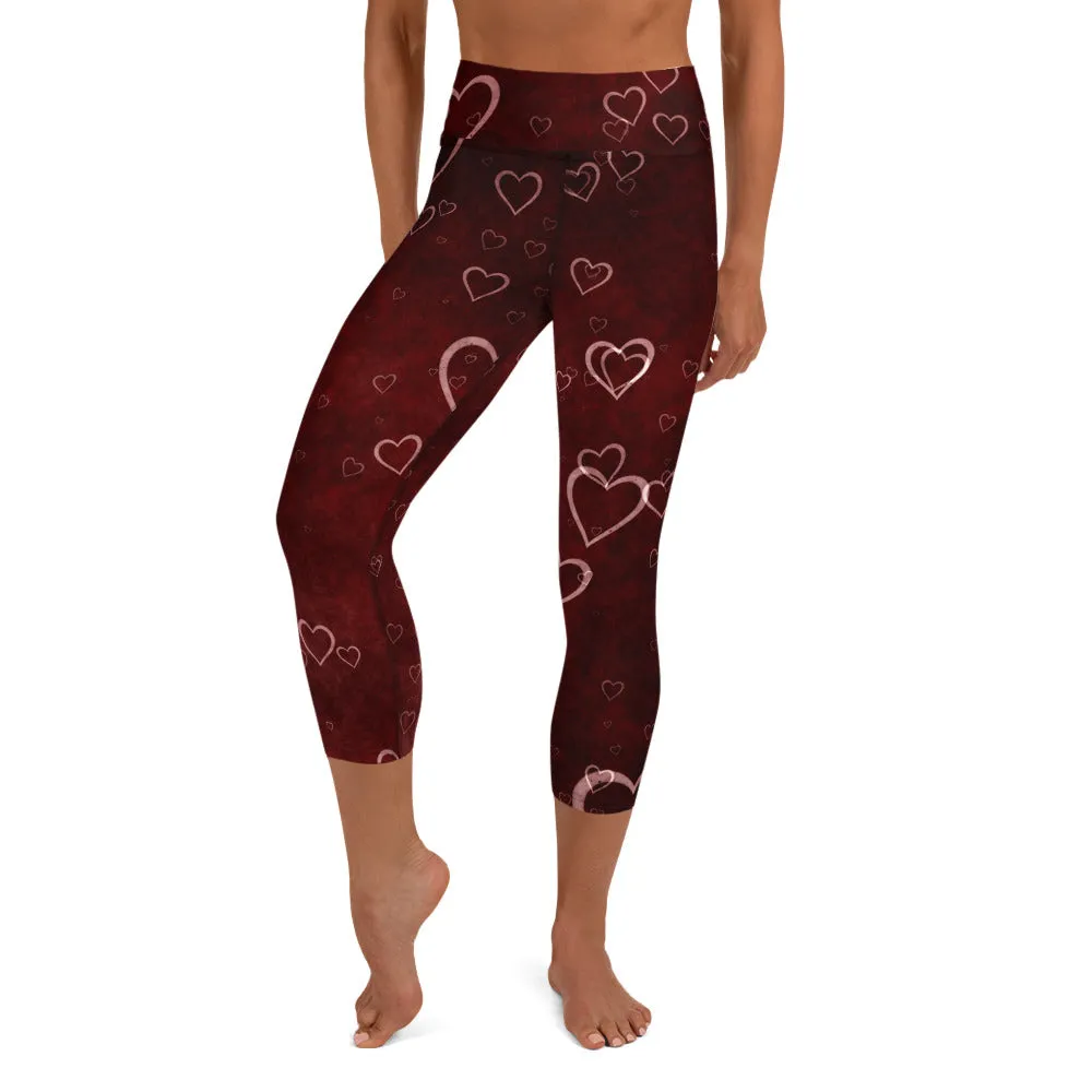 Red Misty Hearts High-waist Yoga Capri Leggings