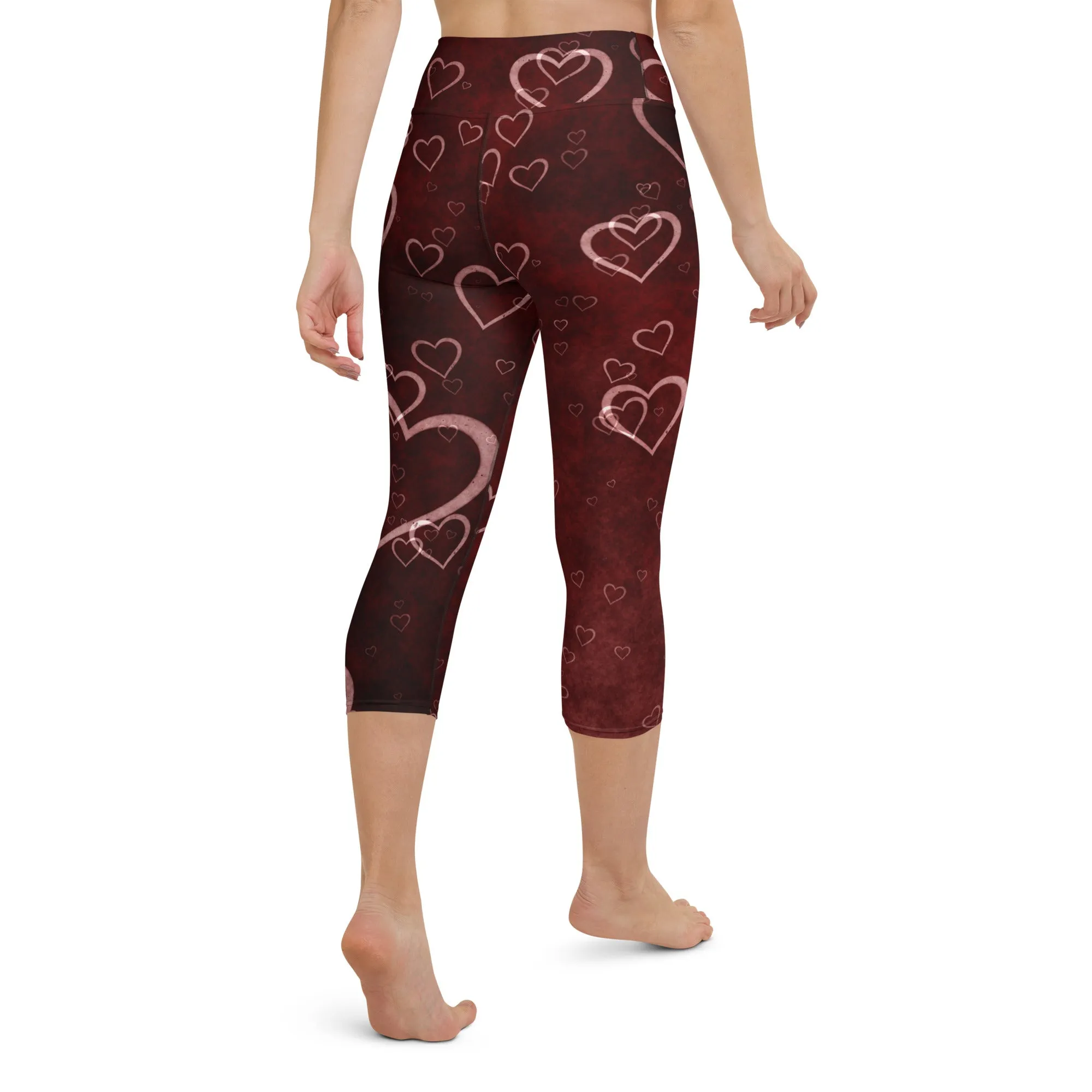 Red Misty Hearts High-waist Yoga Capri Leggings