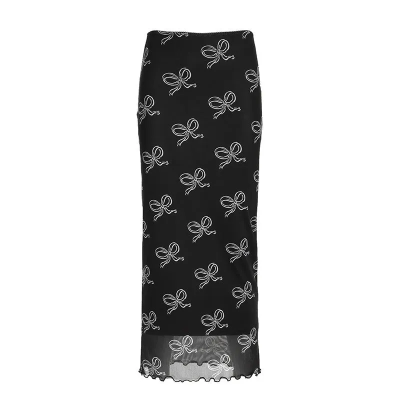 Retro Mesh Bow Printing Stitching Hip Skirt