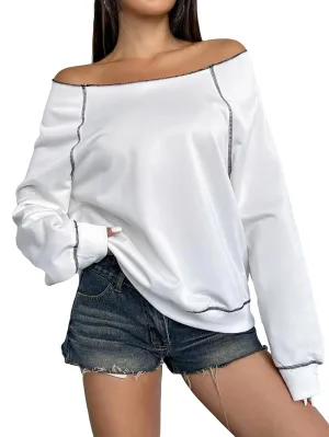 RoseSeek Womens Off The Shoulder Sweatshirts Long Sleeve Pullover Tops Trendy Y2k Fall Tops White Small