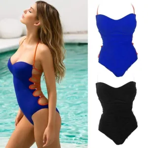 Sexy One-Piece Women Bodysuit Solid Color Backless Bra Set Bandage Cut Out Summer Beach Bathing Suit 2018 New Women Beach Wear