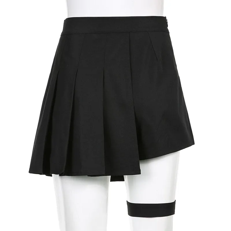Side Belts Asymmetric Pleated Skirt