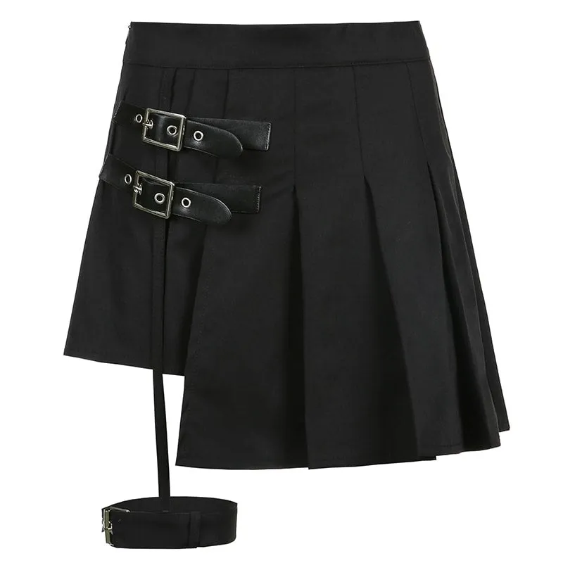 Side Belts Asymmetric Pleated Skirt