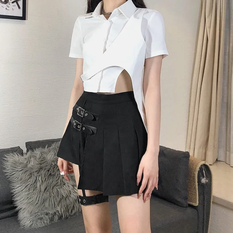 Side Belts Asymmetric Pleated Skirt