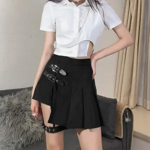 Side Belts Asymmetric Pleated Skirt