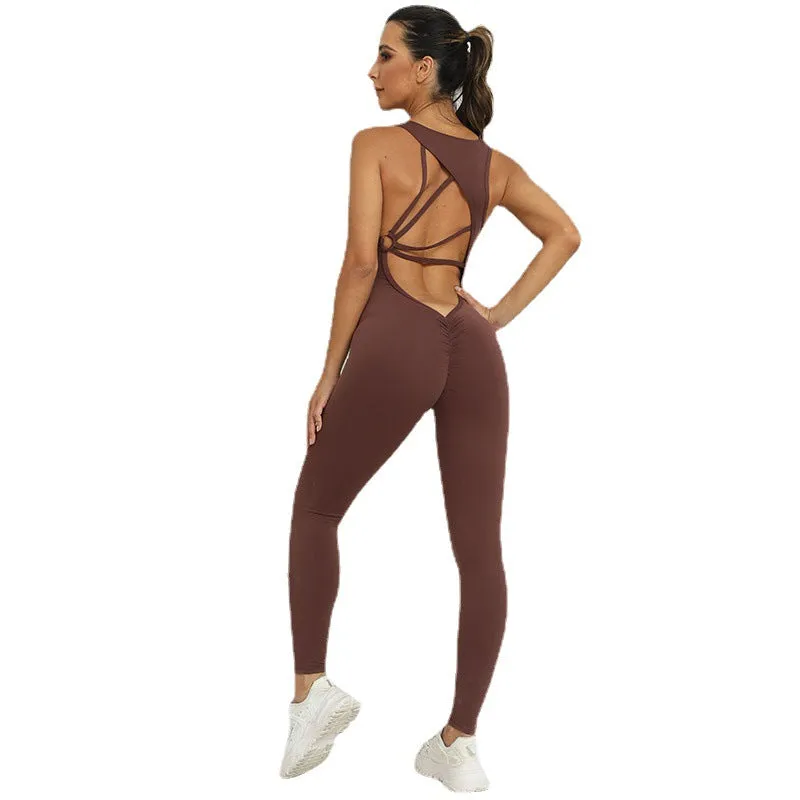 Sleeveless Flare Jumpsuits Sexy Backless Bodycon Scrunch Butt Yoga Rompers Seamless Playsuit