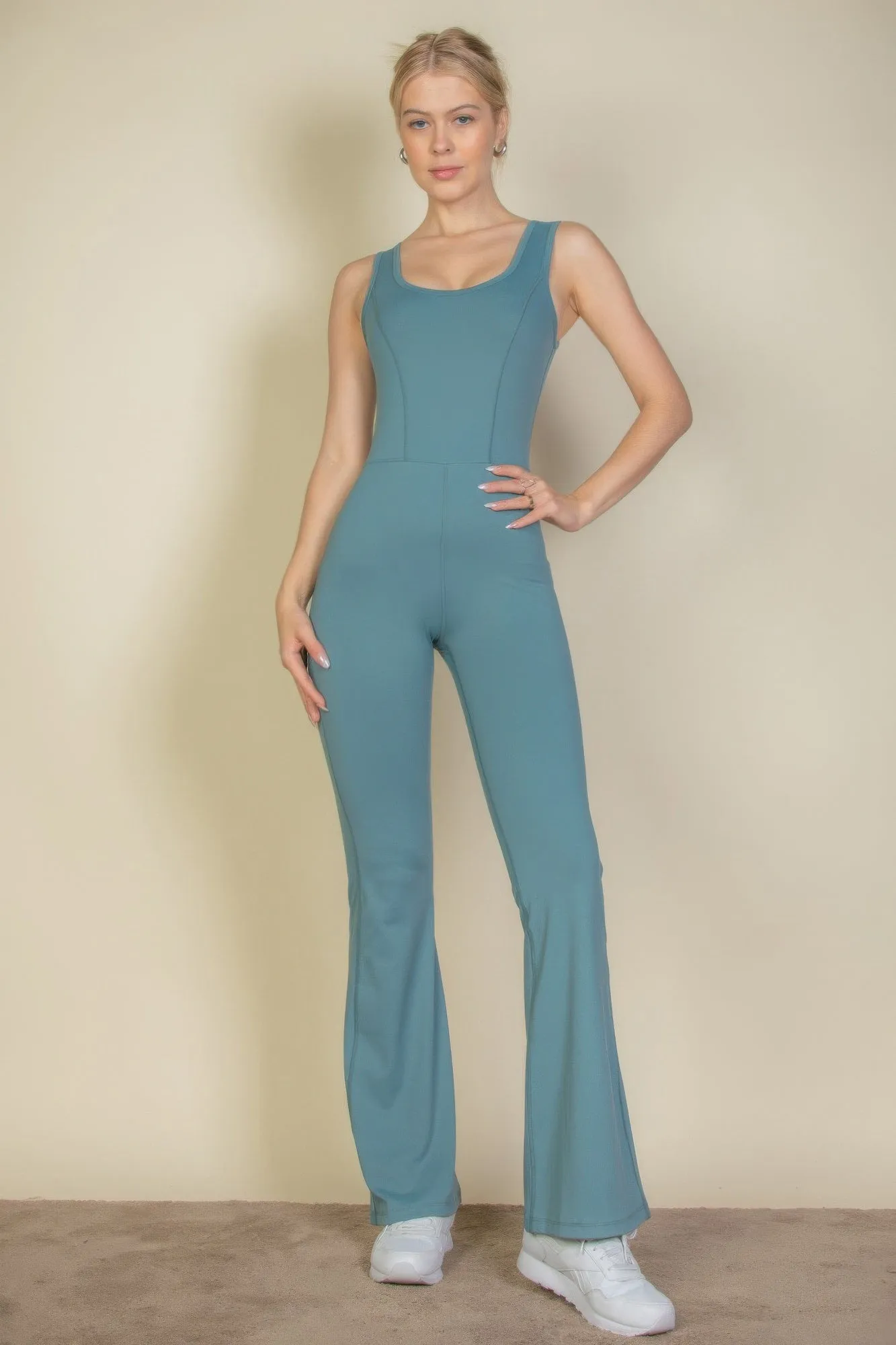 Solid Flare Leg Sports Jumpsuit