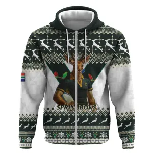 South Africa Christmas Rugby Zip Hoodie Springboks Mascot Mix African Pattern LT15