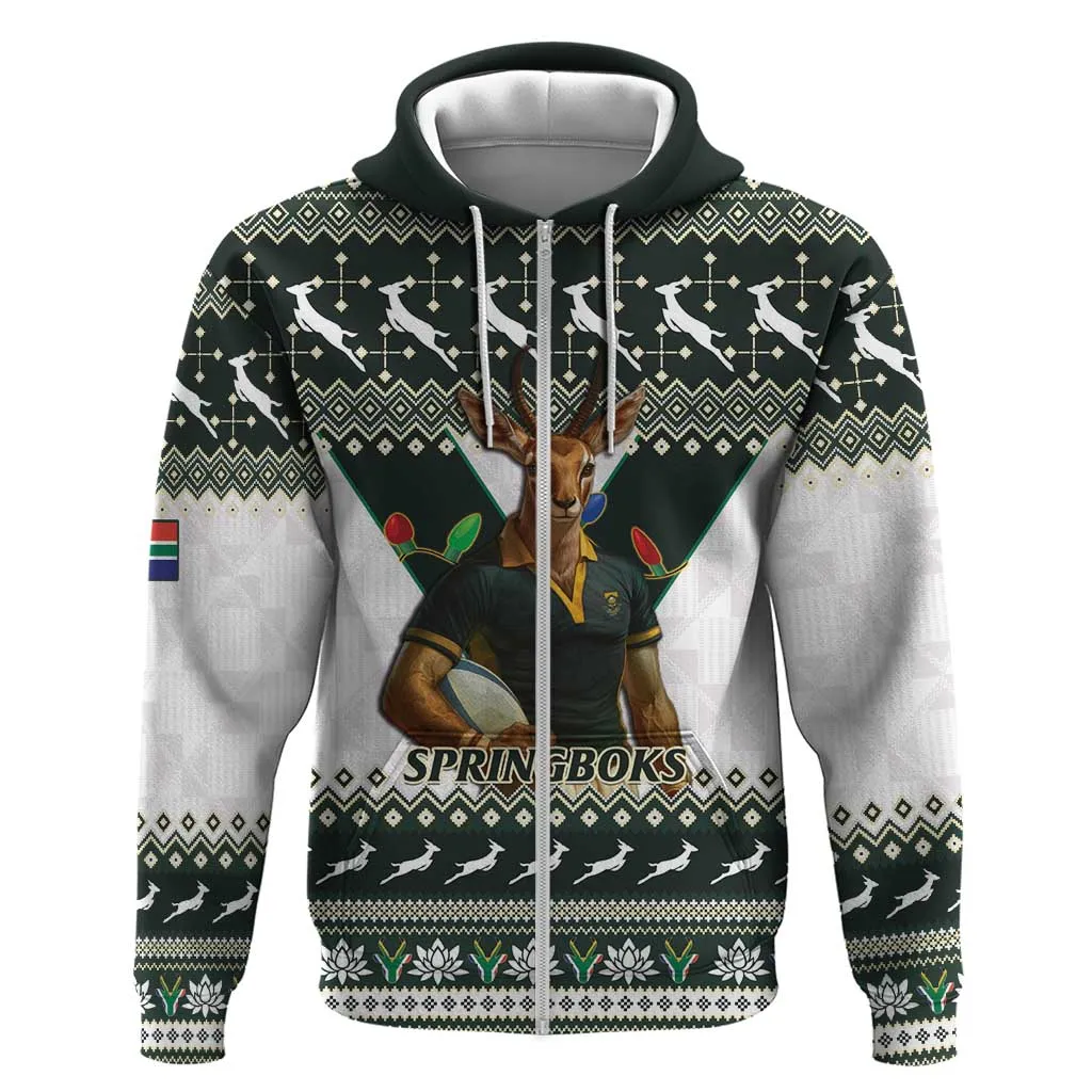 South Africa Christmas Rugby Zip Hoodie Springboks Mascot Mix African Pattern LT15