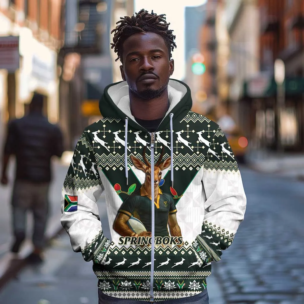 South Africa Christmas Rugby Zip Hoodie Springboks Mascot Mix African Pattern LT15