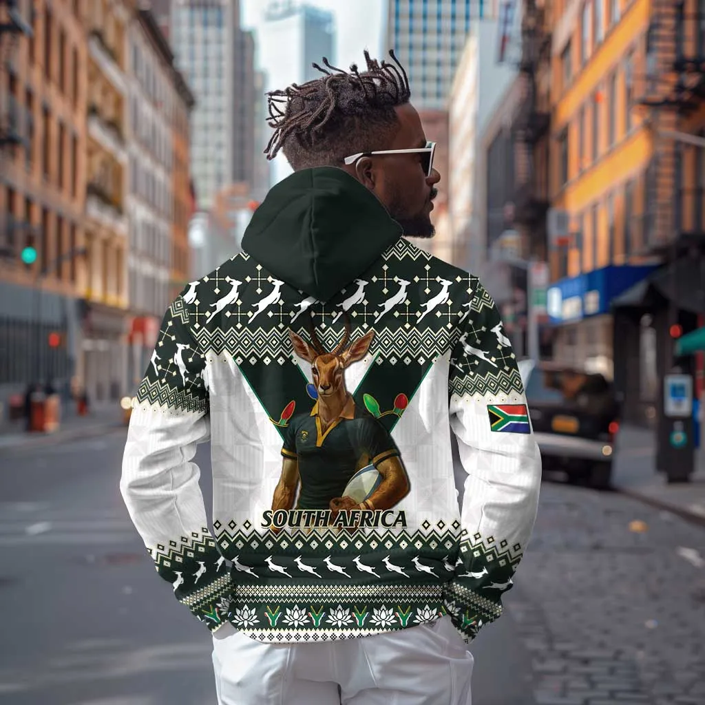 South Africa Christmas Rugby Zip Hoodie Springboks Mascot Mix African Pattern LT15