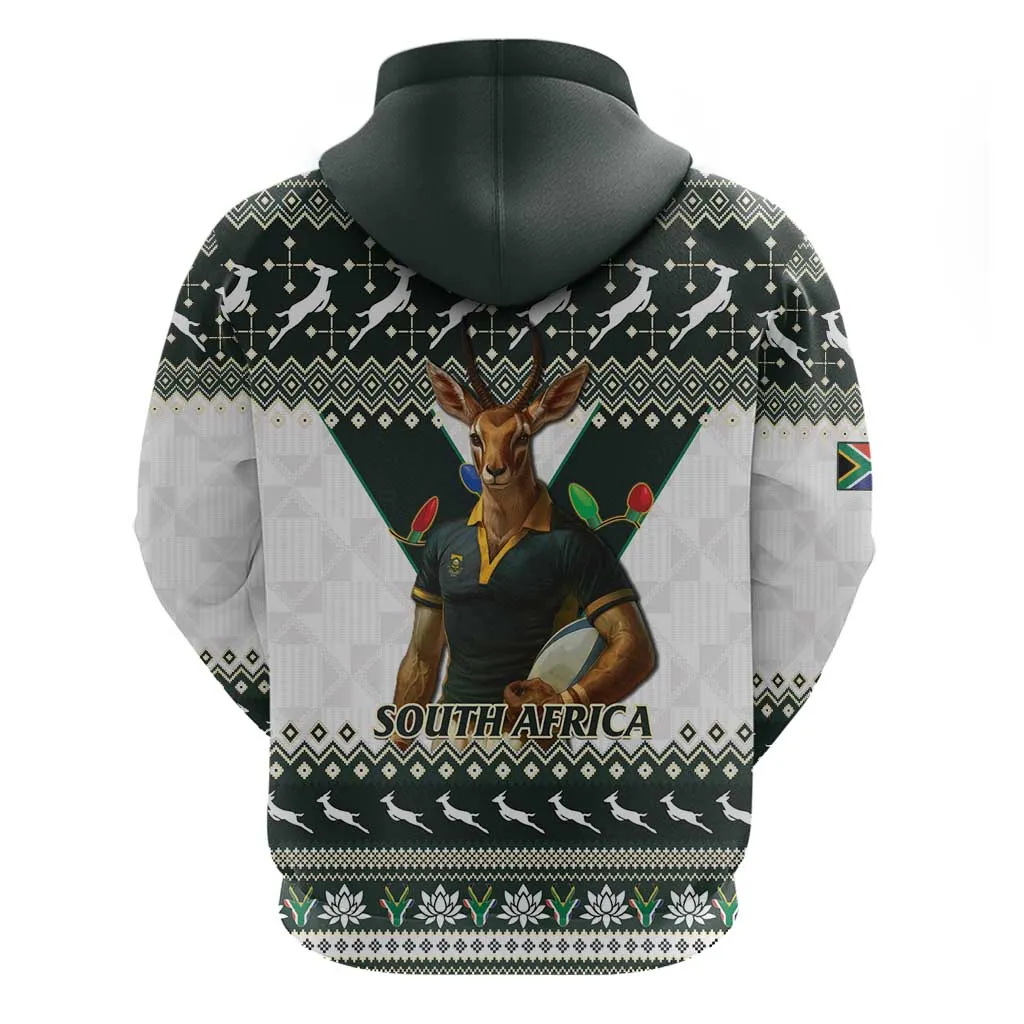 South Africa Christmas Rugby Zip Hoodie Springboks Mascot Mix African Pattern LT15