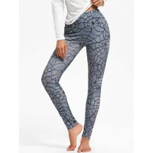 Spider Web Print Halloween Leggings - Gray M