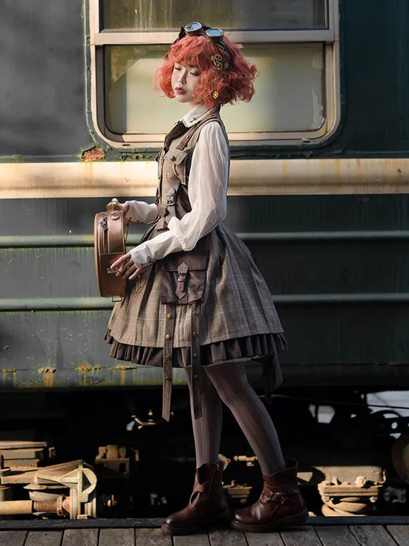 Steampunk Lolita SK 2-Piece Set Infanta Coffee Brown Metal Details Cotton Blend Velour Lolita Overskirt Outfits