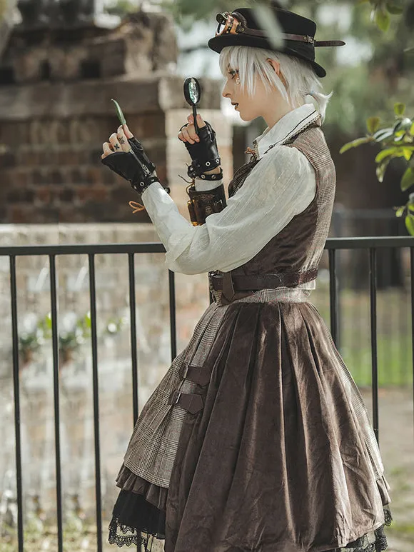 Steampunk Lolita SK 2-Piece Set Infanta Coffee Brown Metal Details Cotton Blend Velour Lolita Overskirt Outfits