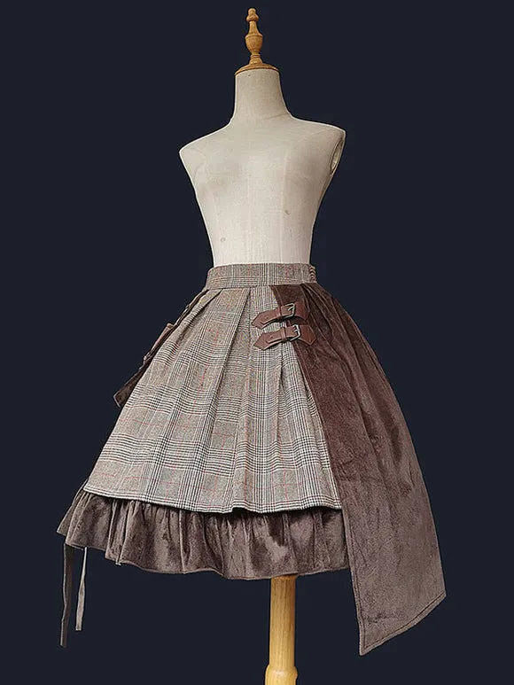 Steampunk Lolita SK 2-Piece Set Infanta Coffee Brown Metal Details Cotton Blend Velour Lolita Overskirt Outfits