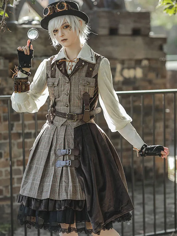 Steampunk Lolita SK 2-Piece Set Infanta Coffee Brown Metal Details Cotton Blend Velour Lolita Overskirt Outfits